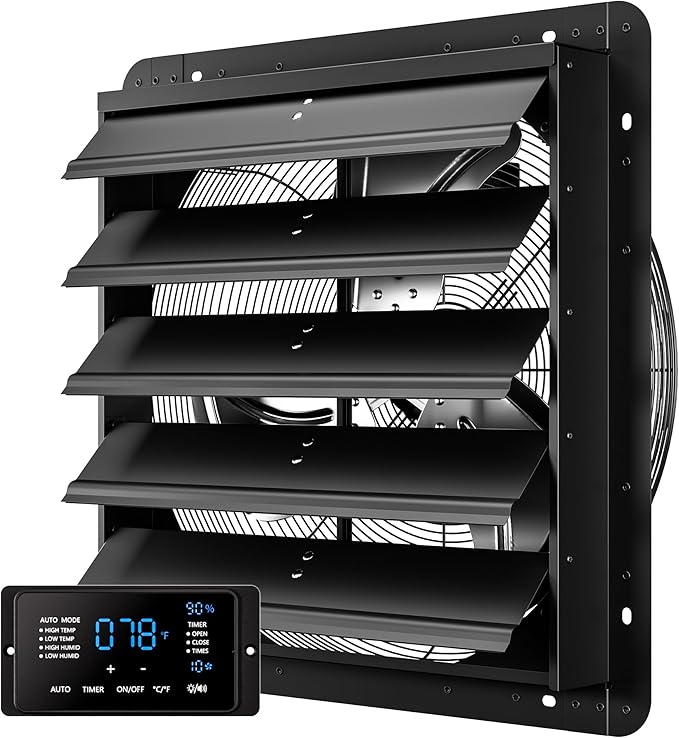 CAMMOO 20 Inch EC Motor Shutter Exhaust Fan, 6 Inch Large Touchscreen Controller for Temp Humidity and Speed Control, 10-Speed Wall Mount Fan for Attic, Greenhouse, Garage, Chicken Coop Ventilation