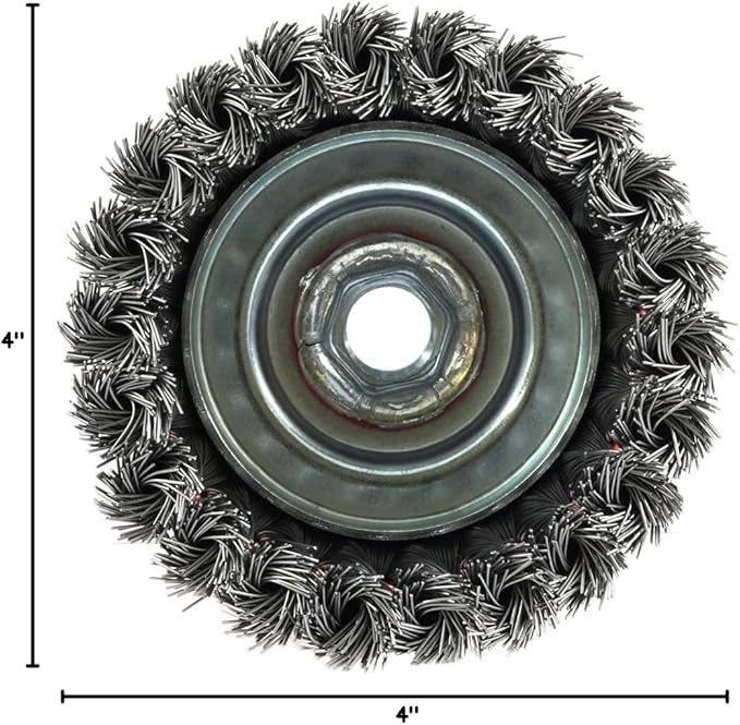 Forney, 72753, 4-Inch Knotted Wire Cup Brush – 5/8-11 Threaded Arbor – .020-Inch Carbon Steel – Heavy Duty Twist Knot Brush for 4-1/2" and 5" Angle Grinders