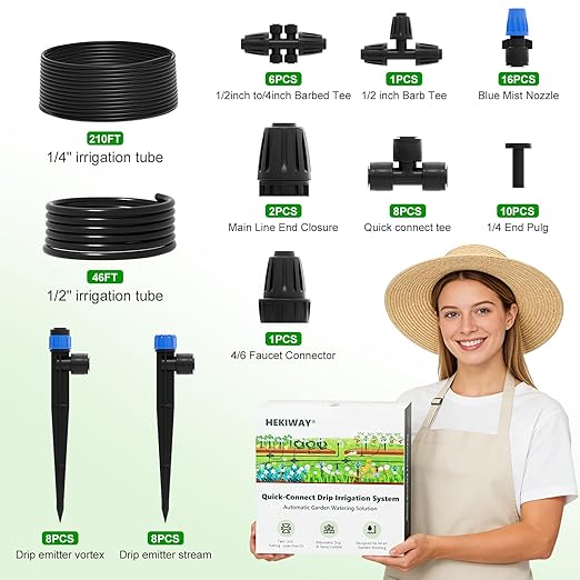 2026 Upgrade 256FT Quick-Connect Drip Irrigation System Kit with 1/4” & 1/2” Fast-Lock Tubing, Adjustable Emitters & Sprinklers for Garden & Greenhouse