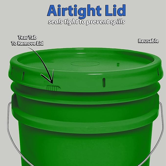 MKS Plastics 5-Gallon Bucket with Airtight Lid – Made in USA, Food Grade BPA Free Plastic, Heavy Duty Multi-Use, Metal Handle with Grip, Stackable Storage – Green, 3 Pack