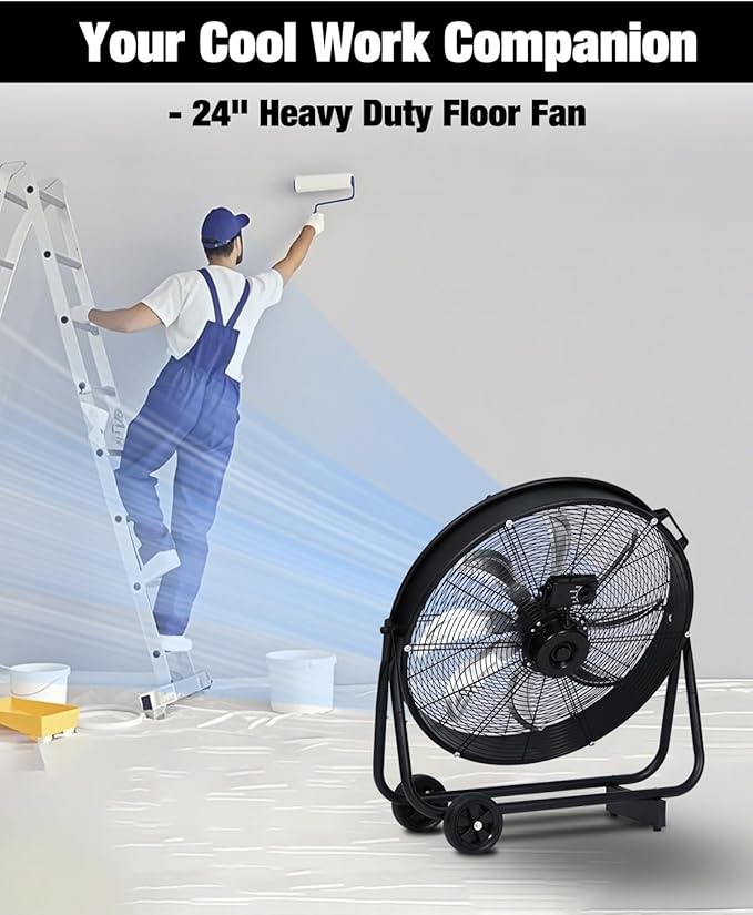 24 Inch Industrial Drum Fan, 9,500 CFM High Velocity 3-Speed Heavy Duty Metal Air Circulator with Casters Handle for Basement Warehouse Factory Workshops Patios