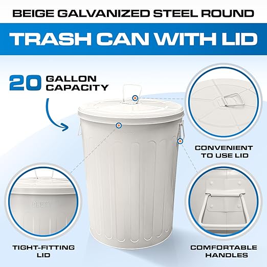 Plexon 20 Gallon Metal Trash Can with Lid Outdoor Large Trash Bin Steel Garbage Can for Garage Patio Farmhouse Bucket Bird Seed Storage Can Heavy Duty Round Container, Beige 2 Pack