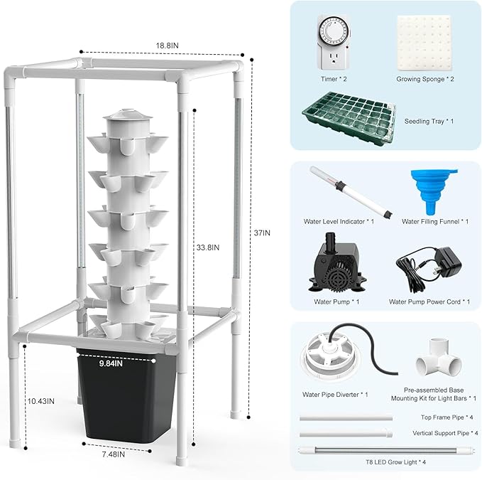 JESLED Hydroponic Tower with 5000K Full-Spectrum Grow Lights, Dual Timers for Auto Watering & Lighting, Hydroponics Growing System with 10L Water Tank, High 37", Indoor Herb Garden