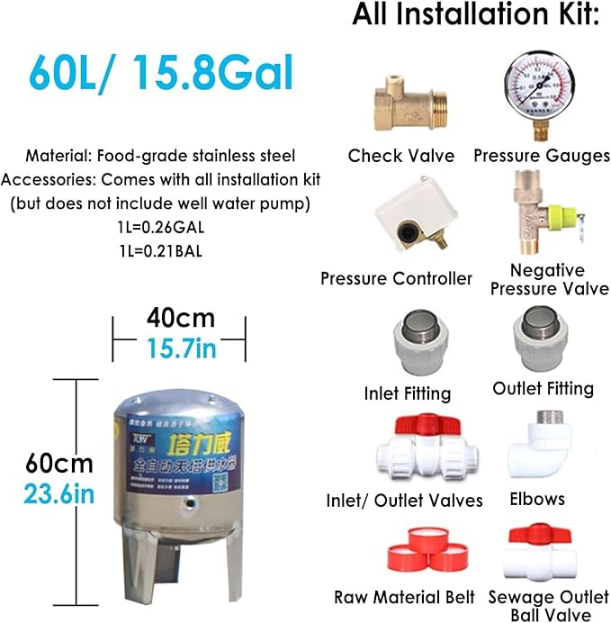 Pressurized Water Tank Well Pressure Tank 60gal 50gal 40gal 26gal Deep Well Pressure Tank with Installation Kit, Home/Garden Water Storage Tanks Pressurized Stainless Steel for Well Pump(155x60cm/61x2