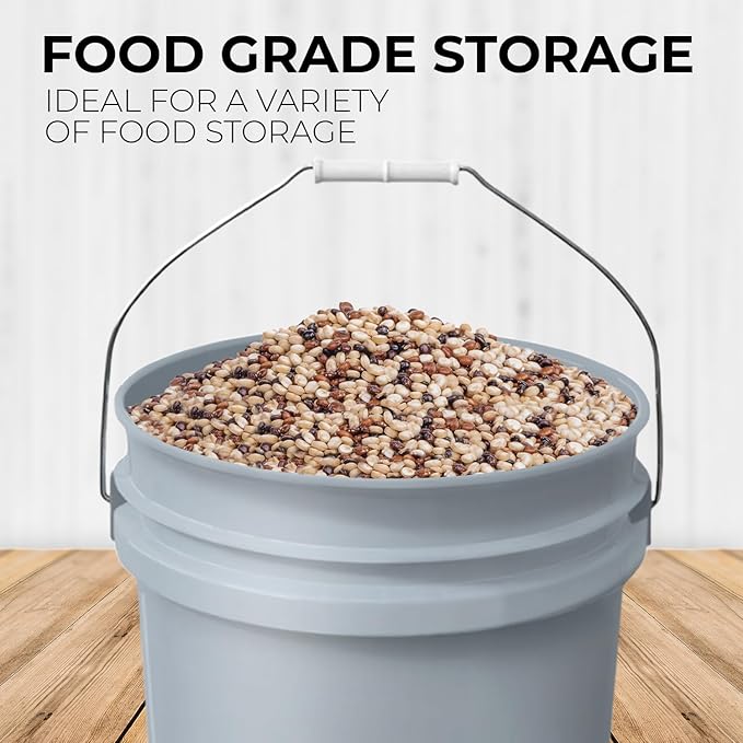5-Gallon Grey Bucket Pail with Gamma Seal Screw on Airtight Lid, Metal Handles with Plastic Grip for Easy Carrying, Easy Stack and Store, Heavy-Duty 90MIL Extra Durable, Food Grade, BPA Free - 2 Pack