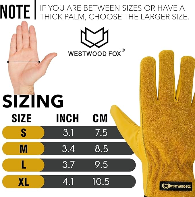 WESTWOOD FOX Work Gloves for Men Women Heavy Duty Leather Gardening Gloves Tough Working Mechanic, Utility Construction