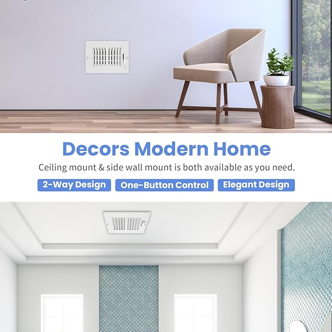 6 x 4 Inch [Duct Opening] Air Vent Covers for Wall or Ceiling - High Airflow 2 Way Steel Ventilation - Adjustable Wall/Ceiling Register, 7-3/4 Inch x 5-3/4 Inch [Overall Dimensions]