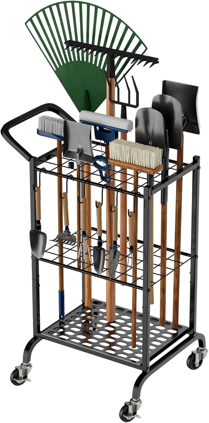 RANXFLOAT Garden Tool Organizer with Wheels, Yard Tool Tower Rack for Garage Organization and Storage, Up to 35 Long-Handled Tools,Metal Tool Holder with 6 Hooks, Black