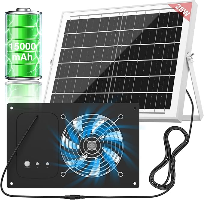 Solar Powered Fan with 15000mAh Battery & Timer, 25W 3500RPM High-Speed Solar Exhaust Fan, Low Noise Waterproof Ventilation for Chicken Coop, Greenhouse, Shed, Pet House & Window