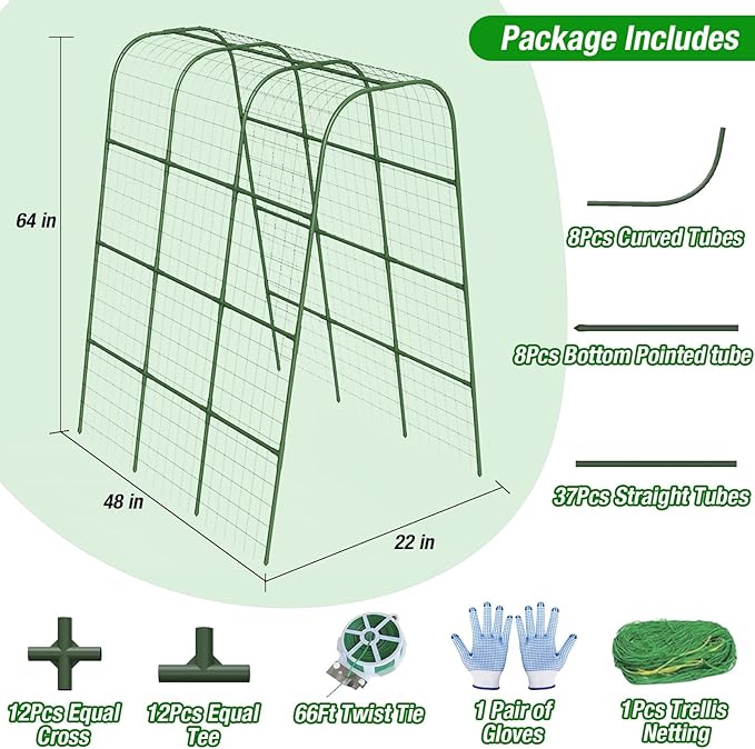 Cucumber Trellis 16mm for Raised Bed 48" L x 64" H, U-Shape Heavy-Duty Metal Garden Trellis for Climbing Plants Outdoor, Vegetable Arch Support Frame for Tomato Pea Zucchini Grape Flowers Vines