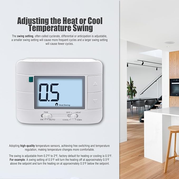 Aowel 2 Heat/ 1 Cool Non-Programmable Thermostat for Home Heat Pump System and Conventional Single-Stage System, with Room Temperature & Humidity Monitor (White Backlit Screen)