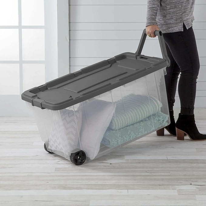 160 Quart Wheeled Stacker, Durable Clear Bin, Latch Lid and Pull Handle, Dark Gray