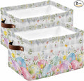 Easter Eggs Storage Bins Cubes Waterproof Cloth Storage Basket,Spring Daisy Eucalyptus Leaves Gray Plaid Foldable Storage Bags for Shelf Clothes Storages Organizers with Handles 15x11x9.5 in 2PCS