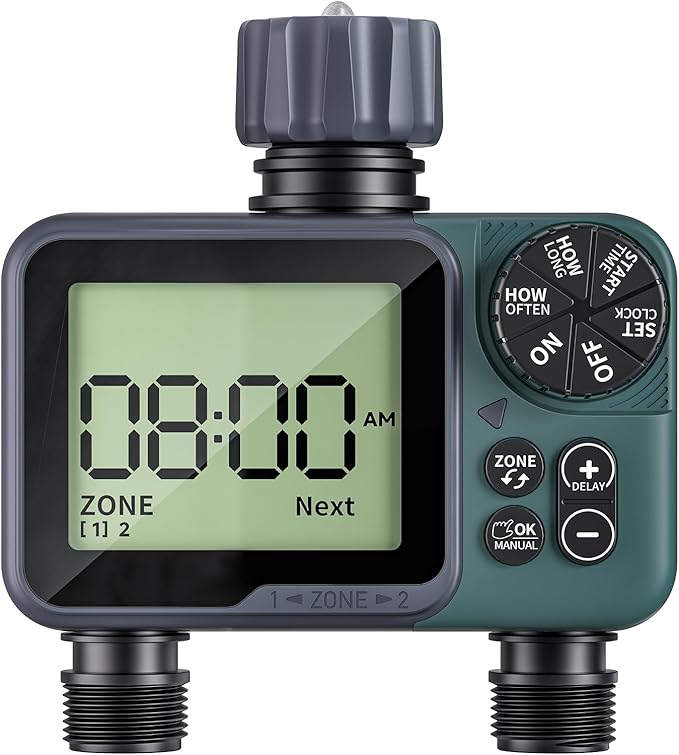 Sprinkler Timer 2 Zone & Digital Water Timer for Garden Hose, Yard, Lawn, Pool – Programmable Irrigation Controller with Rain Delay, IP66 Waterproof Auto & Manual Irrigation System