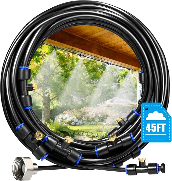 Mellbree Misters for Outside Patio 45FT/14M, Pre-Assembled Misting Cooling System with 12 Brass Nozzles & 3/4" Adapter, Outdoor Mister for Patio, Garden, Greenhouse, Pavilion, Dog House, Chicken Coop