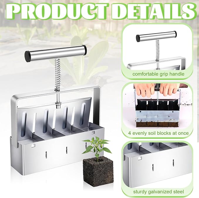 4 Pack Soil Blockers 2 Inch 4 Cell Soil Block Maker with 3 Sizes Seed Pins Comfortable Handle Handheld Blocking Tools for Seeds Starting Grow Seedling Cuttings Greenhouses Garden Outdoor
