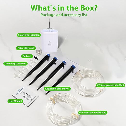 Eujgoov WiFi Automatic Plant Waterer Irrigation Drip System with App Control for Indoor Plants, 1800mAh Battery, 4 Drippers, Water Hose