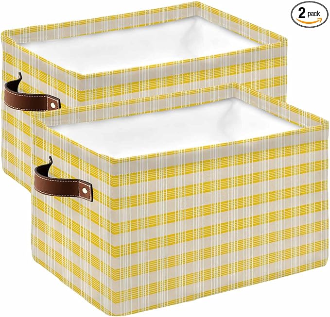Yellow Plaid Striped Storage Bins Cubes Waterproof Cloth Storage Basket,Farmhouse Checkered Modern Abstract Art Foldable Storage Bags for Shelf Storages Organizers with Handles 15x11x9.5 in 2PCS