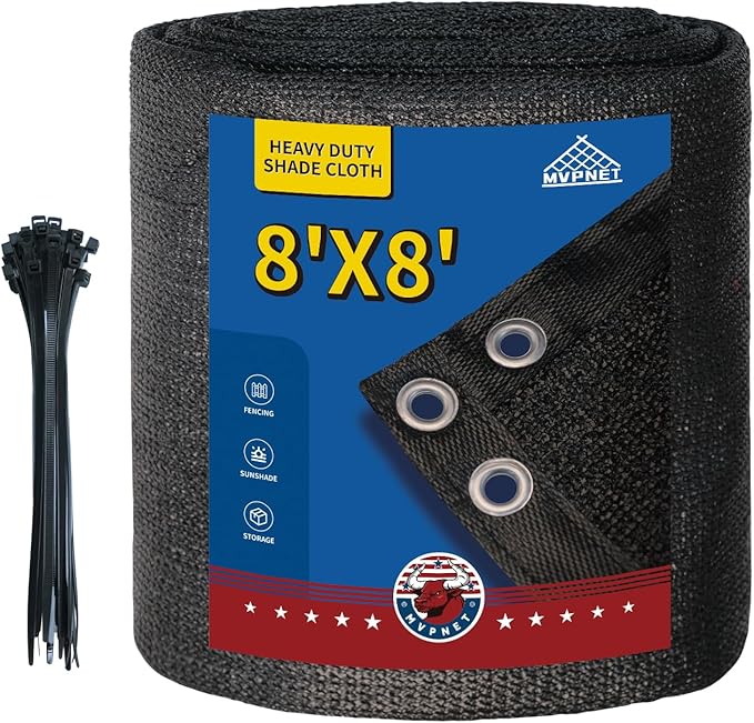 90% Black Sun Shade Cloth with Grommets 8x8 FT, 145GSM Heavy-Duty HDPE Mesh Tarp with Reinforced Edges & Grommets, UV Block Shade Cover for Pergola, Patio, Garden, Greenhouse, Chicken Coop