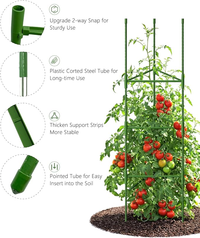 Growsun 51 inch Tomato Cage Heavy-Duty Plant Support Cucumber & Vine Vegetables – Adjustable Green Metal Garden Trellis for Climbing Plants, Indoor & Outdoor Use, 6 Pack