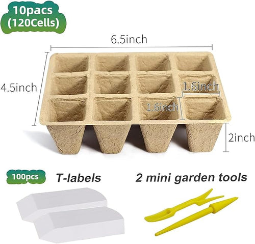 120 Cells Seed Starter Tray, 10 Pack Biodegradable Peat Pots with 100 Labels, Plant Starter Kit for Seedlings