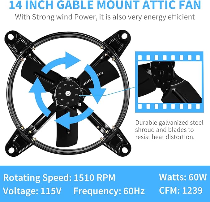 Simple Deluxe 14 Inch Mount Fan Attic Gable Ventilator with Adjustable Temperature Thermostat, 1239 CFM, Black