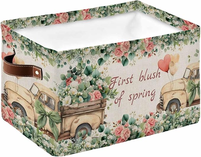 Eucalyptus Trucks Storage Bins Cubes Waterproof Cloth Storage Basket,Spring Farmhouse Floral Leaves Burlap Foldable Storage Bags for Shelf Clothes Storages Organizers with Handles 15x11x9.5 in 1PCS