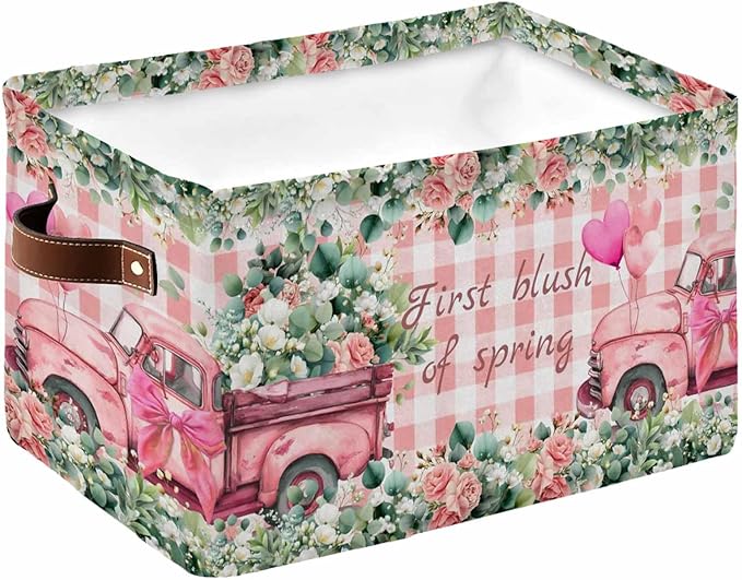 Eucalyptus Trucks Storage Bins Cubes Waterproof Cloth Storage Basket,Spring Farmhouse Floral Leaves Pink Plaid Foldable Storage Bags for Shelf Storages Organizers with Handles 15x11x9.5 in 1PCS
