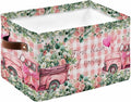 Eucalyptus Trucks Storage Bins Cubes Waterproof Cloth Storage Basket,Spring Farmhouse Floral Leaves Pink Plaid Foldable Storage Bags for Shelf Storages Organizers with Handles 15x11x9.5 in 1PCS