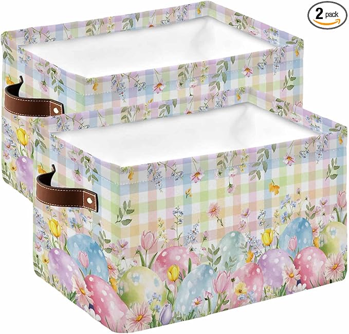 Colorful Easter Storage Bins Cubes Waterproof Cloth Storage Basket, Easter Eggs Botanical Spring Floral Foldable Storage Bags for Shelf Clothes Storages Organizers with Handles 15x11x9.5 in 2PCS