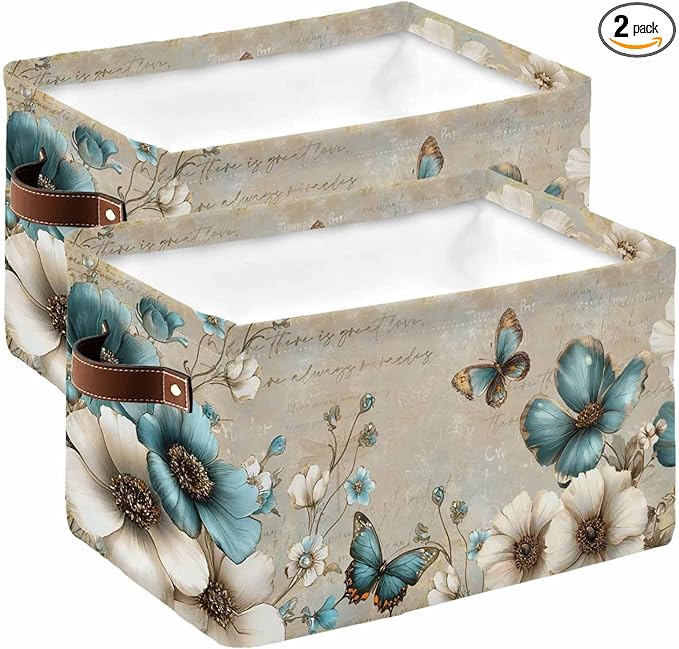 Teal Tulip Butterfly Storage Bins Cubes Waterproof Cloth Storage Basket,Beige Turquoise Floral Vintage Rustic Foldable Storage Bags for Shelf Clothes Storages Organizers with Handles 15x11x9.5 in 2PCS