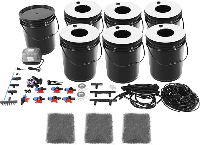 6 Bucket Hydroponic System Kit, Dwc Hydroponic System Kit with Drip Irrigation, 5.28Gal Capacity, 6.6Gal/Min Air Pump, Includes Air Pump Ideal for Vegetables and Indoor Growing