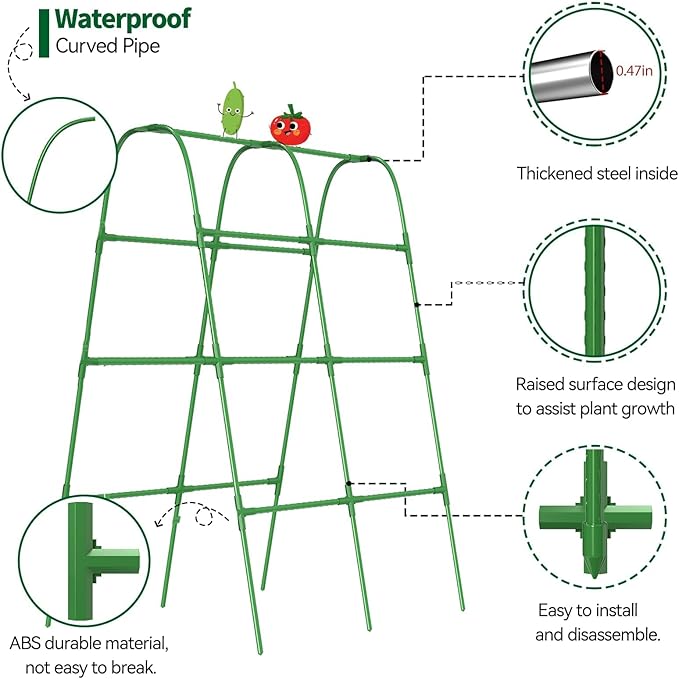 63" Tall Garden Trellis for Raised Bed Metal U-Frame Arch Tunnel Tomato Cage Plant Stakes Support with Garden Netting for Cucumber,Grapes,Peas, Zucchini,Vine,Bean,Flowers