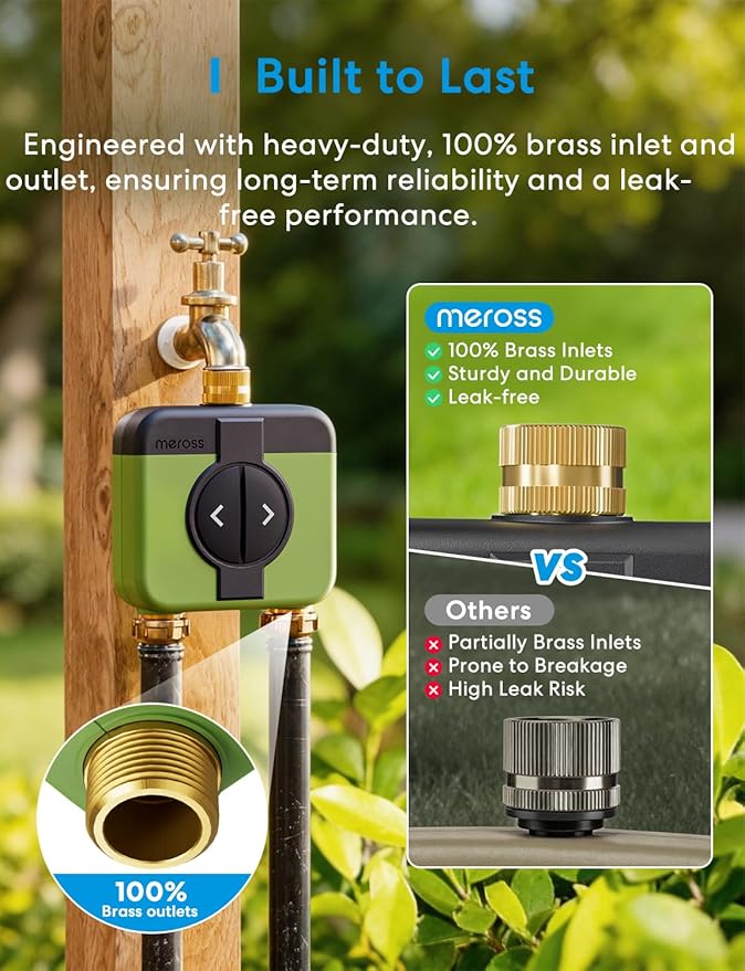meross WiFi Water Timer for Garden Hose, 2 Zone WiFi Hose Timer with Brass Inlet and Outlet, WiFi Sprinkler Controller, Rain Delay, Smart Water Valve for Garden, Lawn & Yard, Remote & Voice Control