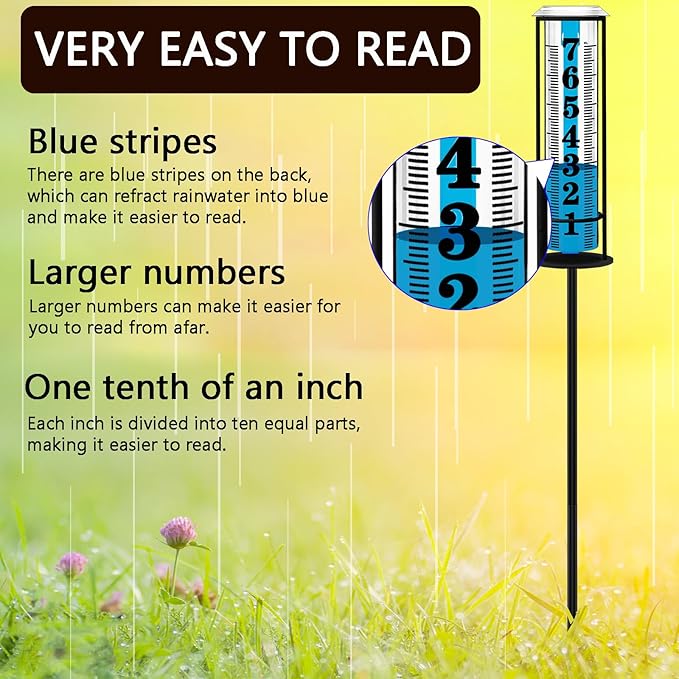 Rain Gauge Outdoor,Accurate Rain Gauges Outdoors Best Rated,Upgraded Freeze Proof Rain Measure Gauge for Yard Fence,Rain Meter with Stake,Large Font Water Gauge for Rain,Adjustable Height,Easy to Read