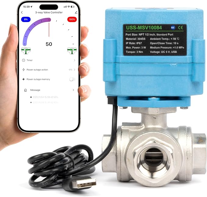 U.S. Solid WiFi Smart Motorized Ball Valve 1/2 inch NPT for Water Control & Irrigation, 3 Way 304SS Electric Valve, USB Plug, LED Indicator, Flow Direction Window, Remote On/Off Control, NSF Certified