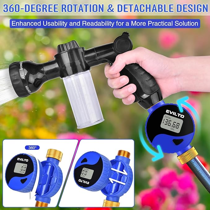 Water Flow Meter with 360° Rotatable and Removable Panel, Alloy Inlet & Outlet Flow Meter Measure Gallon/Liter Consumption for Garden Hose Watering, RV Water Tank Filling, Lawn Sprinkler