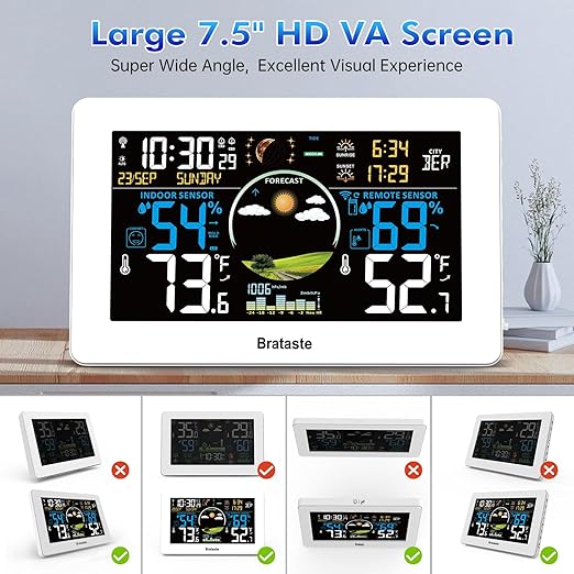 Weather Station Wireless Indoor Outdoor, Digital Thermometer, 7.5'' VA Display Home Weather Stations, Accurate Temperature Humidity Gauge with Weather Forecast, Atomic Clock,White