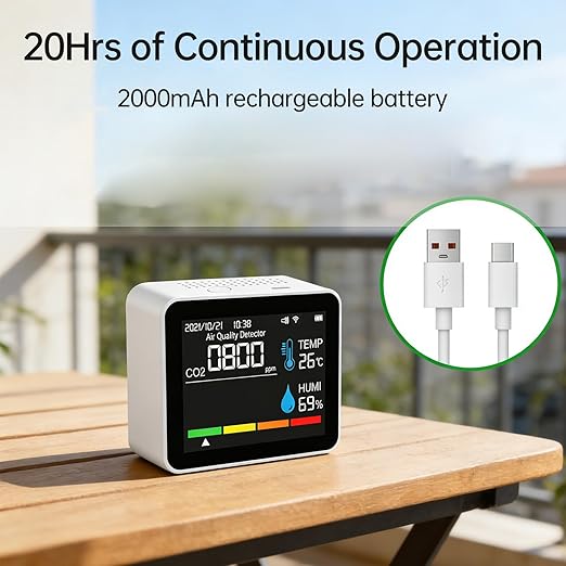 Fabater 10 in 1 Air Quality Monitor Indoor, WiFi CO2 Detector with LED Color Screen and APP, 2000mAh Air Quality Tester for Home Car Office, Real time Monitor (2CO9HB White)