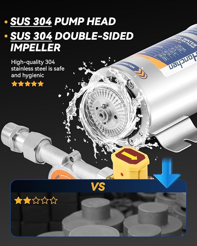 Hanchen Water Pressure Booster Pump SUS 304 Pump Head, 1/4 HP Automatic Home Booster Pump with Flow Switch