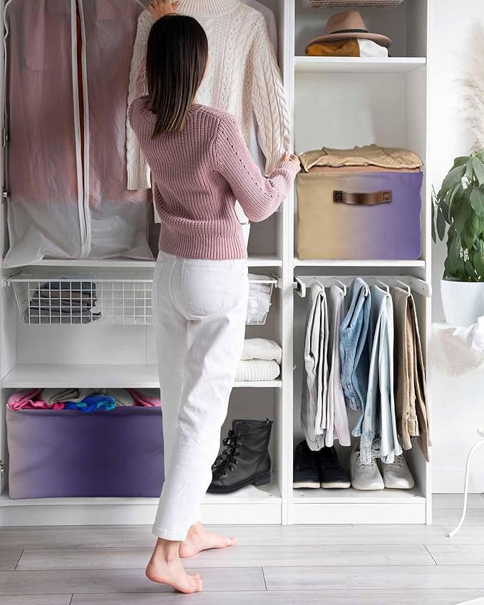 Purple Yellow Ombre Storage Bins Cubes Waterproof Cloth Storage Basket, Farmhouse Modern Gradient Art Foldable Storage Bags for Shelf Closet Clothes Storages Organizers with Handles 15x11x9.5 in 2PCS