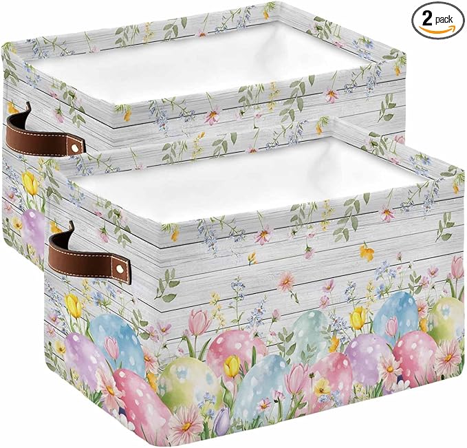 Easter Eggs Storage Bins Cubes Waterproof Cloth Storage Basket,Spring Daisy Eucalyptus Leaves Gray Wooden Foldable Storage Bags for Shelf Clothes Storages Organizers with Handles 15x11x9.5 in 2PCS