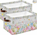 Easter Eggs Storage Bins Cubes Waterproof Cloth Storage Basket,Spring Daisy Eucalyptus Leaves Gray Wooden Foldable Storage Bags for Shelf Clothes Storages Organizers with Handles 15x11x9.5 in 2PCS