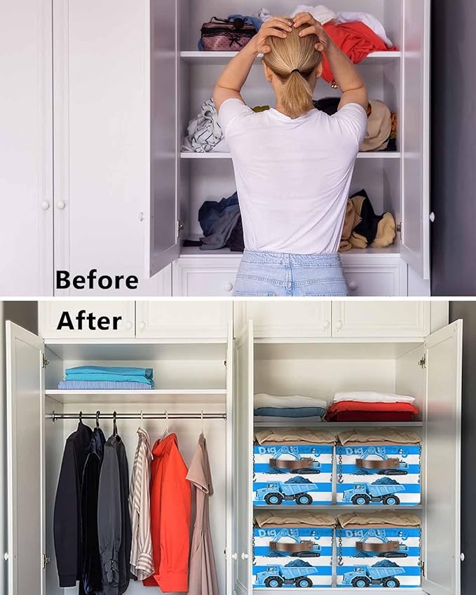 Blue Striped Truck Storage Bins Cubes Waterproof Cloth Storage Basket, Farmhouse Stripes Modern Art Foldable Storage Bags for Shelf Closet Clothes Organizers with Handles 15x11x9.5 in 1PCS