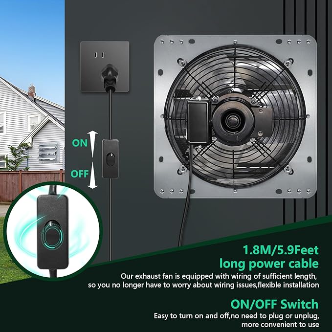 Shutter Exhaust Fan,14 inch Wall Mount Vent Fan with ON/OFF Switch,1750 RPM,1088 CFM, Attic Ventilator Fan for Greenhouse, Garage, Barn, Shed,Chicken Coops Ventilation Fans
