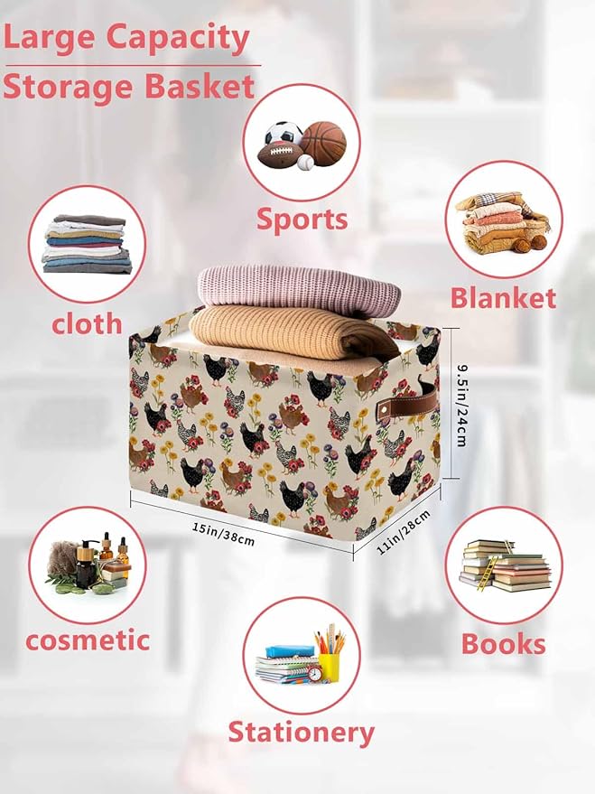 Farmhouse Rooster Storage Bins Cubes Waterproof Cloth Storage Basket, Vintage Watercolor Flowers Beige Foldable Storage Bags for Shelf Closet Clothes Storages Organizers with Handles 15x11x9.5 in 2PCS