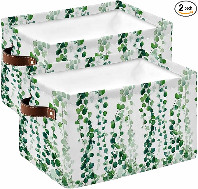Green Weeping Eucalyptus Storage Bins Cubes Waterproof Cloth Storage Basket,Spring Summer Country Leaves Foldable Storage Bags for Shelf Clothes Storages Organizers with Handles 15x11x9.5 in 2PCS