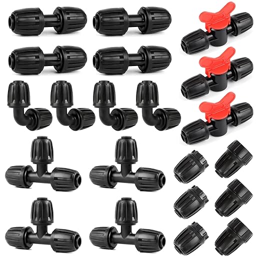 21 Pieces1/2 Inch Drip Irrigation Fittings Kit, 1/2'' Drip Line Barbed Locked Connectors for 1/2 Inch Irrigation Tubing (1/2" ID x 0.650" OD) Coupling Tee Elbow Plug Valve Faucet Adapter