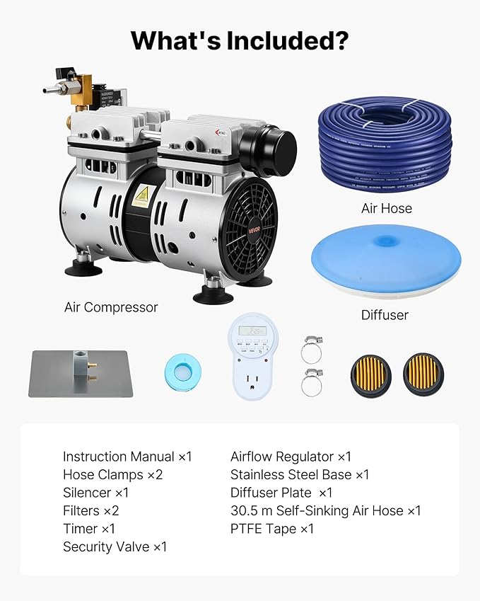 VEVOR Pond Aerators, 5.2CFM Aeration System for Lakes up to 3 Acres, 3/4 HP Air Compressor, 1 Diffuser & 100' Weighted Tubing, Outdoor Pond Aeration Pump for Deep Water Oxygen Circulation