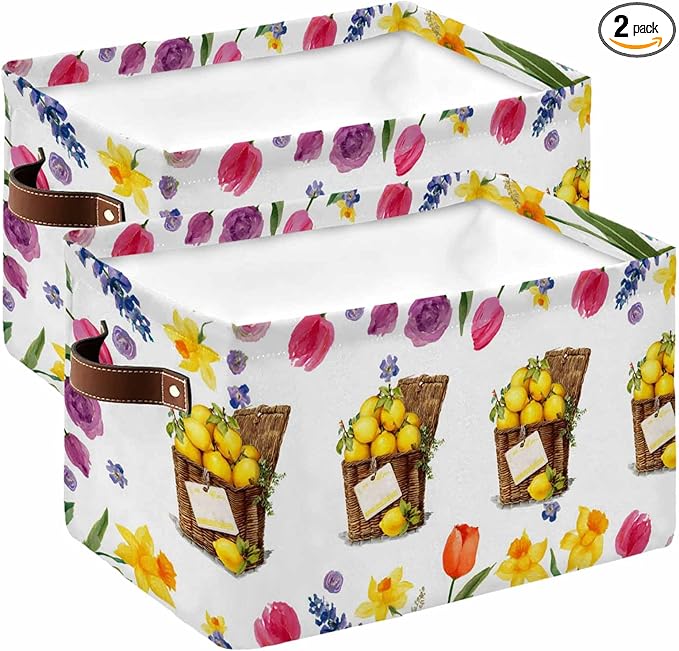 Spring Floral Storage Bins Cubes Waterproof Cloth Storage Basket, Watercolor Lemons in Basket Garden Flowers Foldable Storage Bags for Shelf Closet Clothes Organizers with Handles 15x11x9.5 in 2PCS